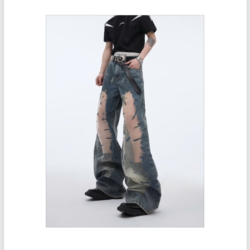 Style Mesh Stitching Jeans Men'S American Style Retro Pants Niche Design Sense Hollow Straight Pants - Image 1